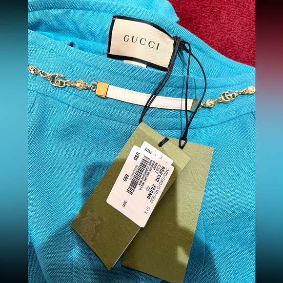 Gucci Turquoise Viscose Linen Pleated Midi Skirt with White Leather Gold GG Belt - Picture 10 of 11